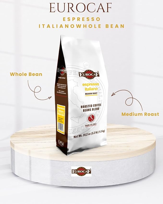 Eurocaf Espresso Italiano Blended Whole Bean Coffee Medium Roast 2.2 Ib bag Original Italian Coffee (Pack of 1)