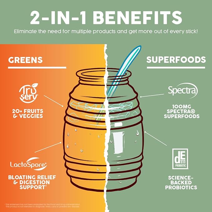 Salud 2-in-1 Greens Powder + Superfood Drink Mix Packets 20+ Fruits and Veggies Probiotics Prebiotics Supports Digestive Health Bloating Relief Vegan Peach Mango (15 Servings)