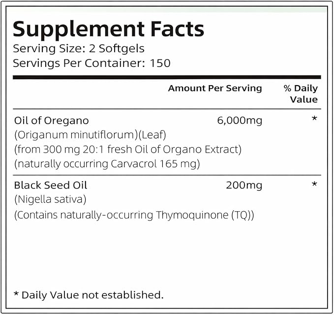 Snovera Oil of Oregano 2 in 1 Organic Oil of Oregano with Black Seed Oil for Immune Digestive Support Gut Comfort 6000mg Per Serving Plant Based Non-GMO 300 Softgels