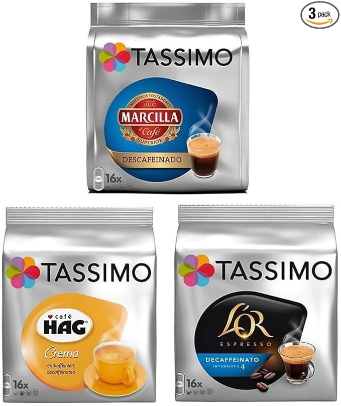 Tassimo 3 Decaf Variety Bundle - 1 x Marcilla Espresso Decaf Cafe Hag Crema Decaf LOR Decaf Espresso (All Decaffeinated - Total 48 Servings/Discs)