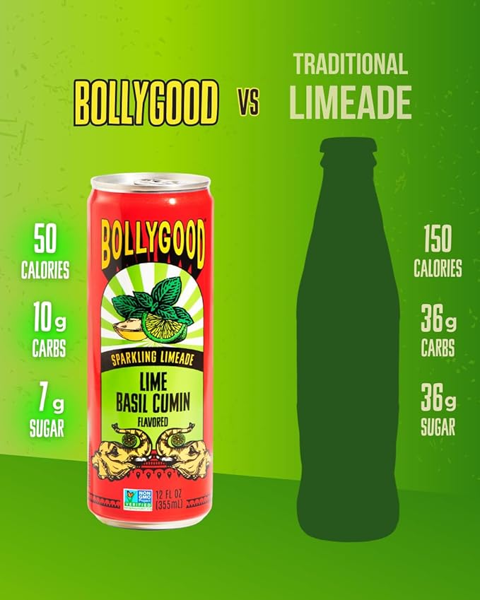 Bollygood Sparkling Limeade Lime Basil Cumin Indian Inspired Beverage Nimbu Pani No Artifical Colors or Flavors Non-GMO Project Verified 12 FL OZ Cans (Pack of 12)