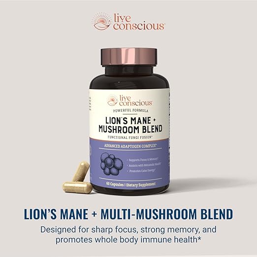 Live Conscious Lions Mane Mushroom Supplement Capsules for Brain Support w/Lion's Mane Cordyceps Reishi and Turkey Tail Mushrooms - Cognitive Memory Supplement for Brain