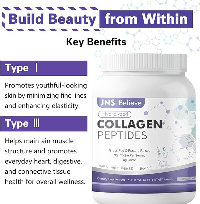 Collagen Peptides Powder for Skin Hair and Nails Bovine Hydrolyzed Collagen Peptides for Women and Men Unflavored Protein Supplements 16 oz 45 Servings