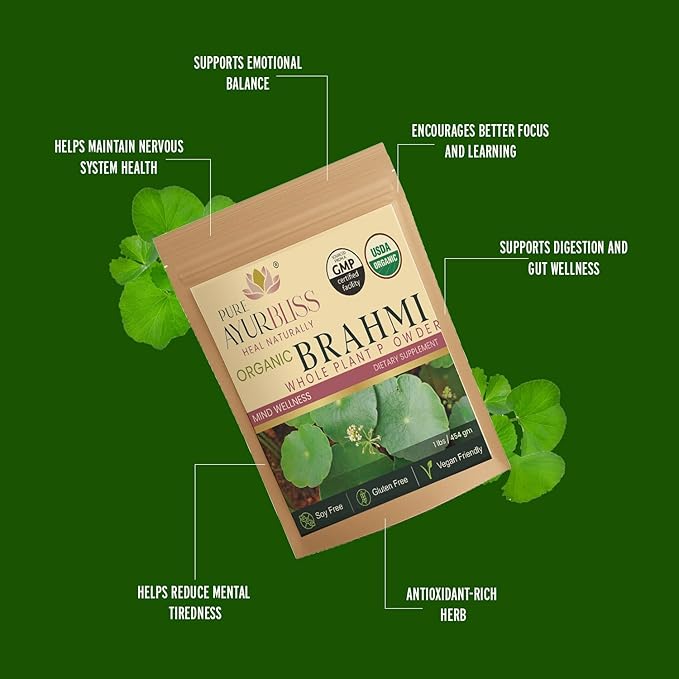 100% Organic Brahmi Powder Ayurvedic Bacopa Monnieri for Memory Focus and Nervous System Care Nootropic Brain Support Blend for Cognitive Wellness Gut Balance - 16oz