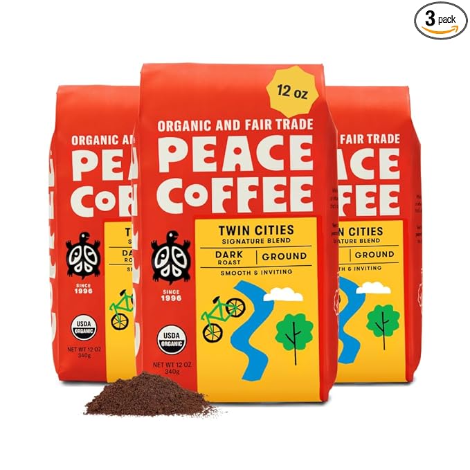 Peace Coffee Twin Cities Signature Blend Ground Dark Roast Coffee 12 oz Pack of 3 Organic Fair Trade Nutty Bold Flavor Shade Grown Fresh Roasted