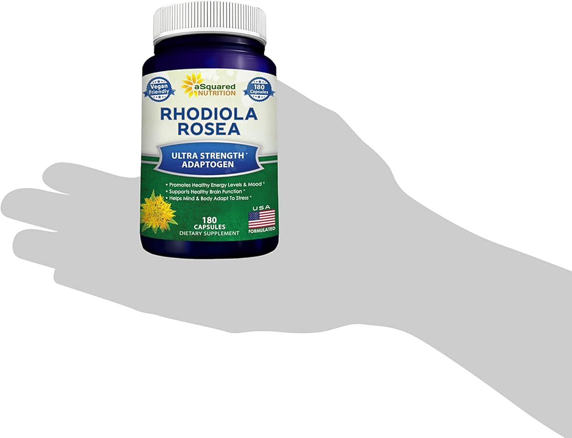 aSquared Nutrition Rhodiola Rosea Supplement 1000mg - 180 Vegan Capsules - Max Strength Rhodiola Root Extract Pills Improve Pure Energy Brain Function &amp Stress Relief -Golden Root Herb Powder Tab