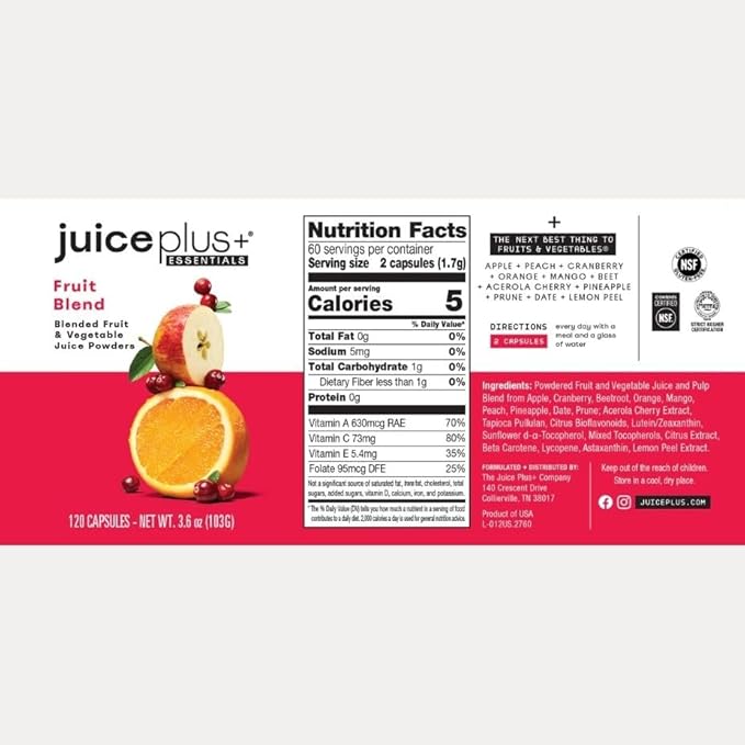 JuicePlus+ Fruit Vegetable &amp Berry Blend: Nutrient-Packed Ingredients For Heart Health Immune Function Cognitive Performance &amp Radiant Skin - Prepacked 3 bottles (60 servings of Fruit Veg