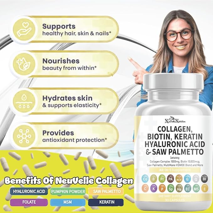 16 in 1 Collagen Supplement - Peptides Types IIIIII &amp V with Biotin Keratin Hyaluronic Acid Saw Palmetto Vitamins C &amp E Apple Cider Vinegar &amp PABA - Nail Skin &amp Hair Health Supp