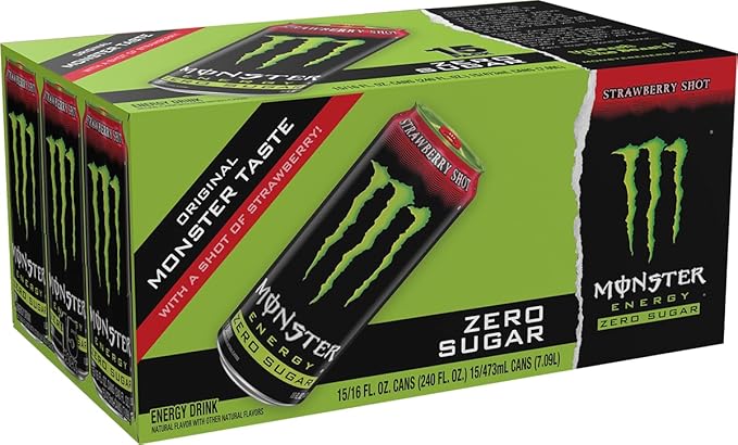 Monster Energy Zero Sugar Strawberry Shot Green Original Sugar Free Energy Drink 16 Ounce (Pack of 15)