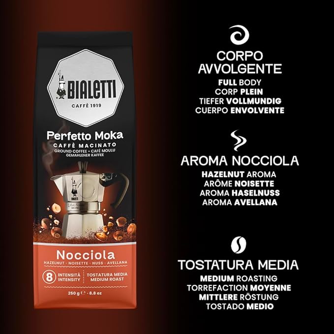 Bialetti - Perfetto Moka Nocciola: Gemahlener Kaffee mit mittlerer Röstung Haselnuss-Aroma 250g x 6 Beutel mit Aromaschutzventil