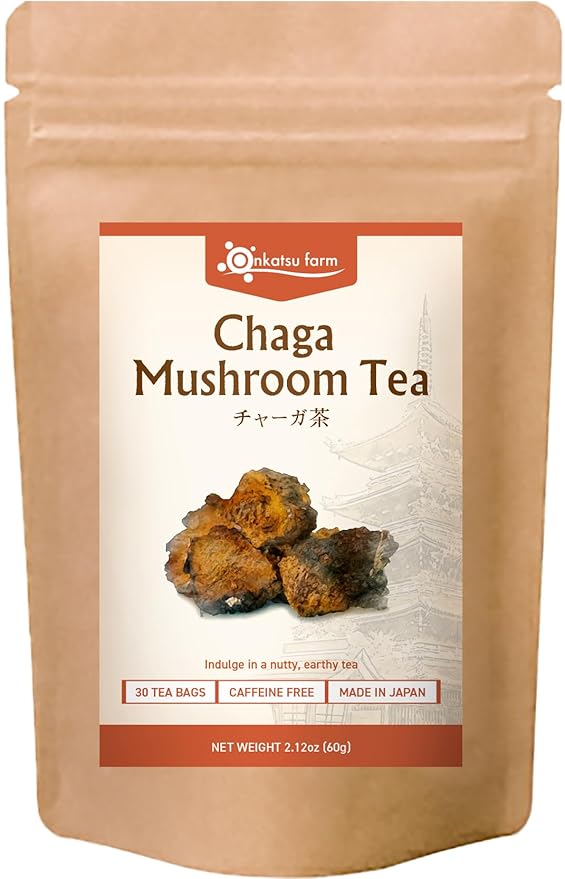 Onkatsu Farm Chaga Mushroom Premium Japanese Tea Bags Earthy Woody Flavor Hot or Iced Caffeine Free 30 Total Tea Bags