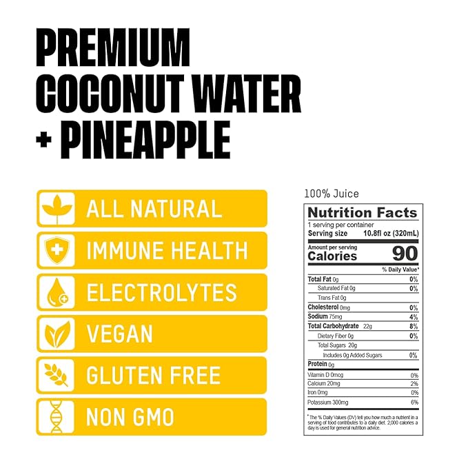 Once Upon a Coconut Premium Pineapple Coconut Water - Low Calorie All-Natural Drink with Electrolytes - Non-GMO - Gluten-Free - 10.8 Fl Oz (Pack of 12)