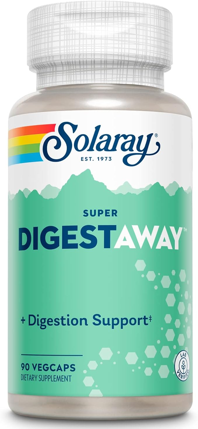 SOLARAY Super Digestaway Digestive Enzymes - Pancreatin Papain Ginger Pepsin Betaine HCl Aloe Vera and More - Digestion &amp Nutrient Absorption Support - Lab Verified - 90 VegCaps
