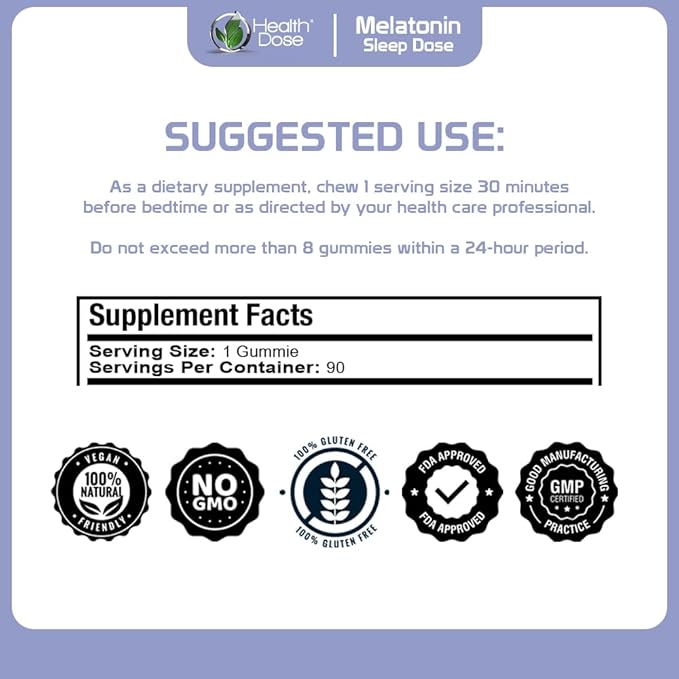 Health Dose Melatonin 6 mg Extra Strength Gummies Pre-Bedtime Supplement for Restful Sleep for Adults 90 Gummies Mixed Berries Pack of 3