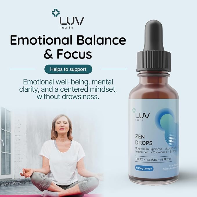 LUV Zen Drops: Anxiety and Stress Support Drops with Magnesium Glycinate Vitamin D3 Lemon Balm Chamomile Saffron L-Theanine. Keto Vegan USA Made Non-GMO 30 Servings (1)