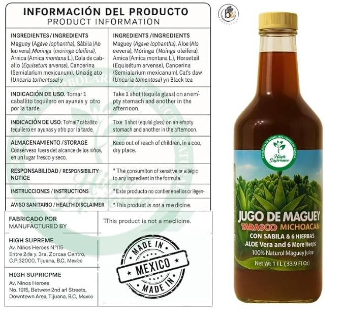 Maguey Jugo(Juice) w/ Aloe Vera &amp 6 Herbs (Sábila y 6 Hierbas)–1000 ml (1 L) Pure Agave Juice – 100% Artisanal Vegan Non-GMO–Natural Digestive Support – Rich in Vitamins B2 B3 &amp C IronCal