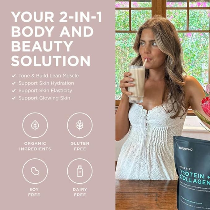 Tropeaka Collagen Protein Powder for Smoothies &amp Shakes - Double Chocolate - Clean Protein &amp Marine Collagen Peptides for Skin Hair &amp Nails Dairy Free Gluten Free Non-GMO 18oz (17 Ser