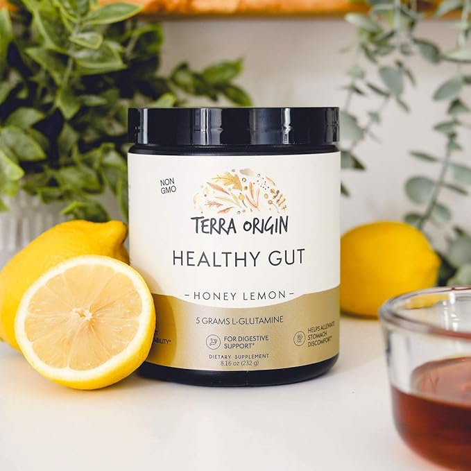 TERRA ORIGIN Healthy Gut Powder (Honey Lemon) | 30-Servings with L-Glutamine Zinc Glucosamine Slippery Elm Bark and More!