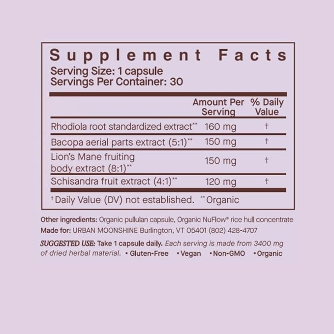 Urban Moonshine Wonder Human - Herbal Supplement for Focus Energy &amp Stress Support - Brain Support with Rhodiola Bacopa &amp Lion’s Mane - Certified Organic Gluten-Free &amp Vegan - 30 Capsul