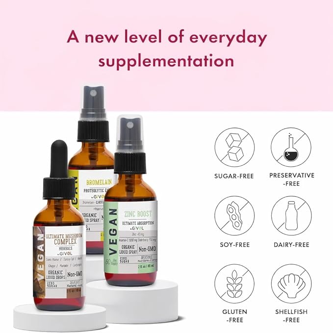 Digestive Harmony Bundle Liquid Vitamin Trio Mushroom Complex Lions Mane Reishi Maitake &amp Chaga Zinc Picolinate &amp Bromelain | Non-GMO | Gluten Free | Sugar Free | 2 Fl Oz | 240 Days Supply