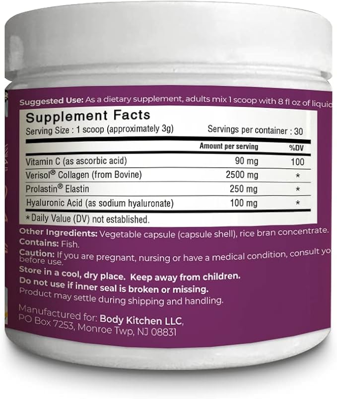 Body Kitchen Collagen and 250 mg Elastin Supplement to Aid Signs of Aging Support Skin Health &amp Elasticity Fewer Wrinkles Unflavored Powder Tasteless Odorless Colorless 30 Servings (2 Pack)