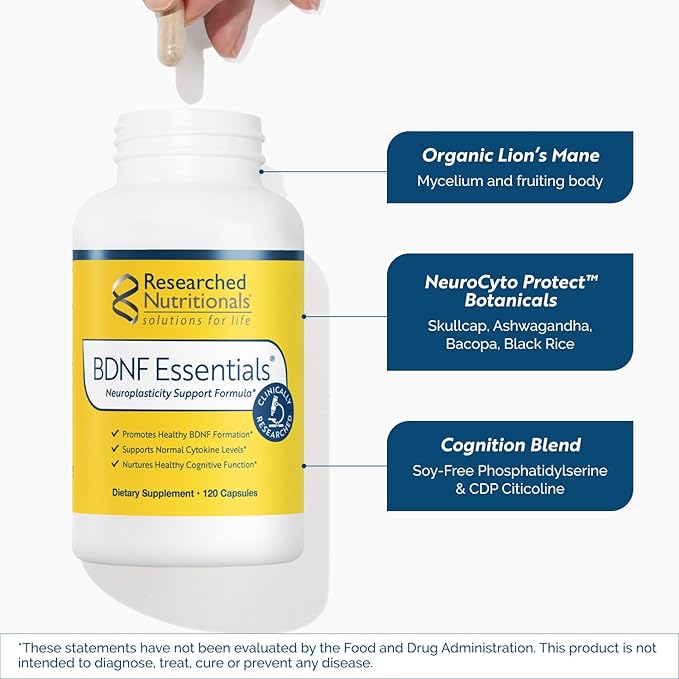 Researched Nutritionals BDNF Essentials - Clinically Researched Brain Supplement with Bacopa Monnieri &amp Lions Mane Mushroom - Supports Neuroplasticity &amp Healthy Cortisol Levels 120 Capsules