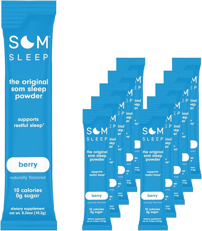 Som Sleep Calm Sleep Nighttime Powder Drink Mix Melatonin 3mg Magnesium Vitamin B6 L-Theanine &amp GABA – Vegan Zero Sugar – Berry 10-Pack