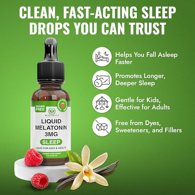 Benevolent Liquid Melatonin Drops for Adults and Kids 3mg - Melatonin Liquid as Fast-Acting Sleep Aid to Fall Asleep Faster &amp Longer - Non-GMO &amp Made in USA - Berry Vanilla Flavor 2 Month Sup