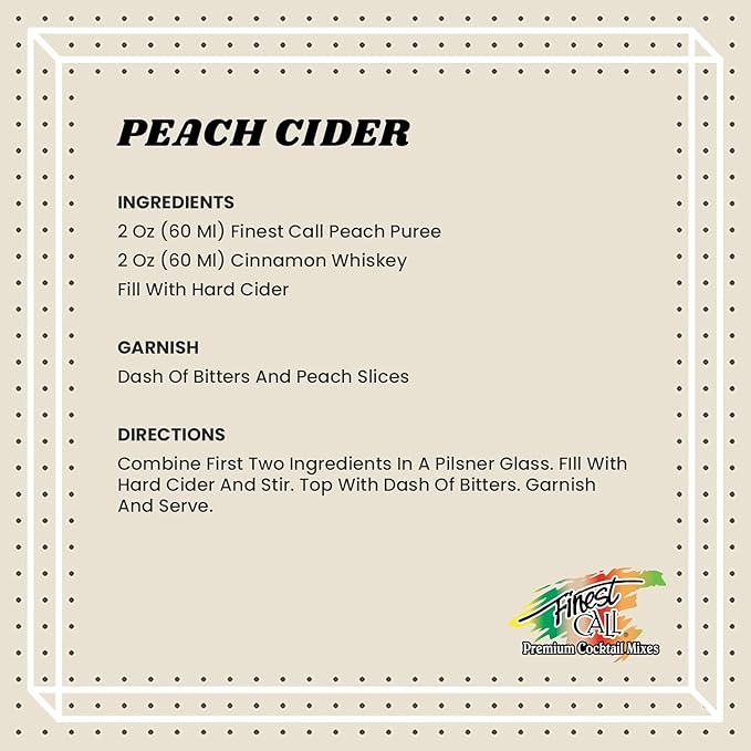 Finest Call Premium Peach Fruit Puree Drink Mix 1 Liter Bottle (33.8 Fl Oz) Pack of 6