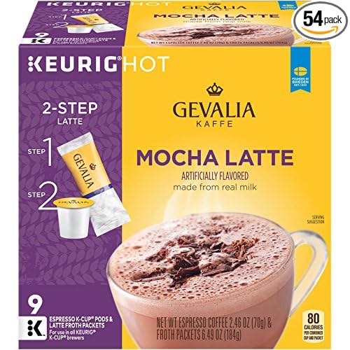 Gevalia Mocha Latte K-CUP Pods and Froth Packets 9 count (Pack of 6)