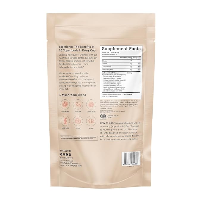 ActivatedYou Morning Lift Mushroom Infused Coffee - Certified Organic Plant Based Mushroom Coffee Instant Blend Made with Lion's Mane &amp Cordyceps to Support Digestion Energy &amp Focus (3 Pack)