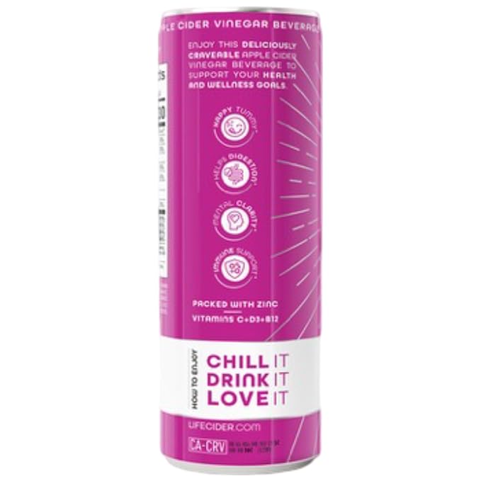 Life Cider | 12 Pack (12 Fl Oz) | Tropical Raspberry | Sparkling Apple Cider Vinegar Beverage | Digestive Health &amp Immunity Benefits | Low Calorie &amp Low Carb Drinks | Vitamins C D3 Zinc B12