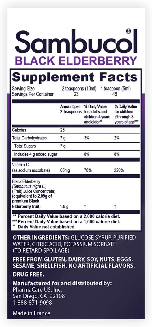 Sambucol Black Elderberry Syrup for Kids - Elderberry Liquid with Vitamin C for Kids No Artificial Flavors High Antioxidants Daily Wellness Support Berry Flavor - 7.8 Fl Oz