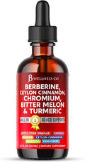 Berberine with Ceylon Cinnamon Supplement Liquid Drops + Bitter Melon Extract Glucomannan Gymnema Chromium Turmeric Panax Ginseng Moringa- 2 OZ