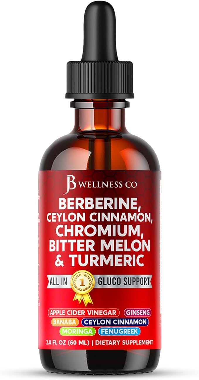 Berberine with Ceylon Cinnamon Supplement Liquid Drops + Bitter Melon Extract Glucomannan Gymnema Chromium Turmeric Panax Ginseng Moringa- 2 OZ