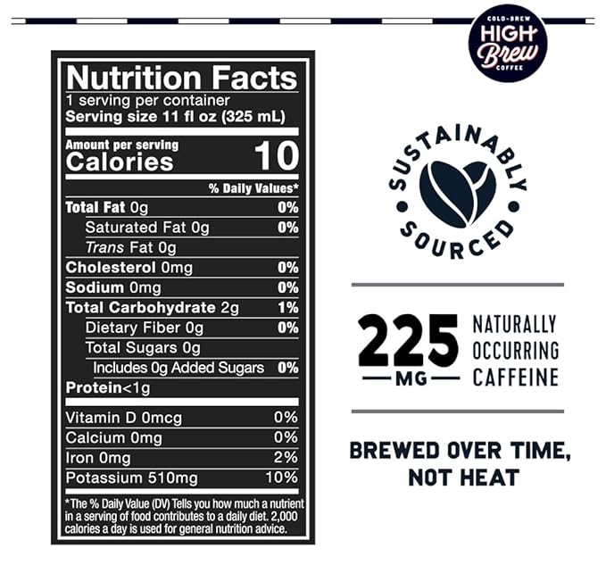 High Brew Coffee | Lightly Sweetened Cold Brew Iced Coffee with Pure Cane Sugar – 225 mg Natural Caffeine Patiently Brewed Never Heated. Low-Acid Ready-to-Drink | 8 oz Can (Triple Shot Black)