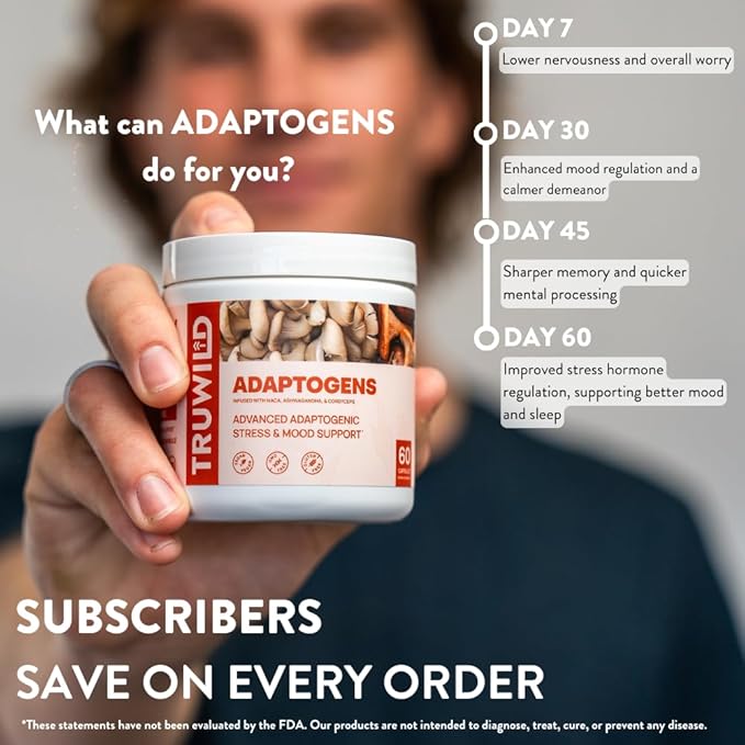 TruWild Adaptogen Blend with Cordyceps Maca Ashwagandha - Full Spectrum Mushroom Blend for Daily Support and Function All Natural Formula with 7 Key Ingredients 60 Capsules