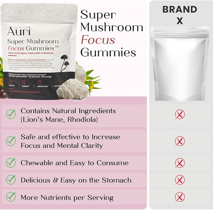 Auri Nutrition Super Mushroom Focus Gummies w/Lion's Mane Alpha GPC &amp Rhodiola – Mushroom Supplement to Support Cognitive Function Mental Clarity Focus &amp Energy 60 Gummies Vegan Friendly