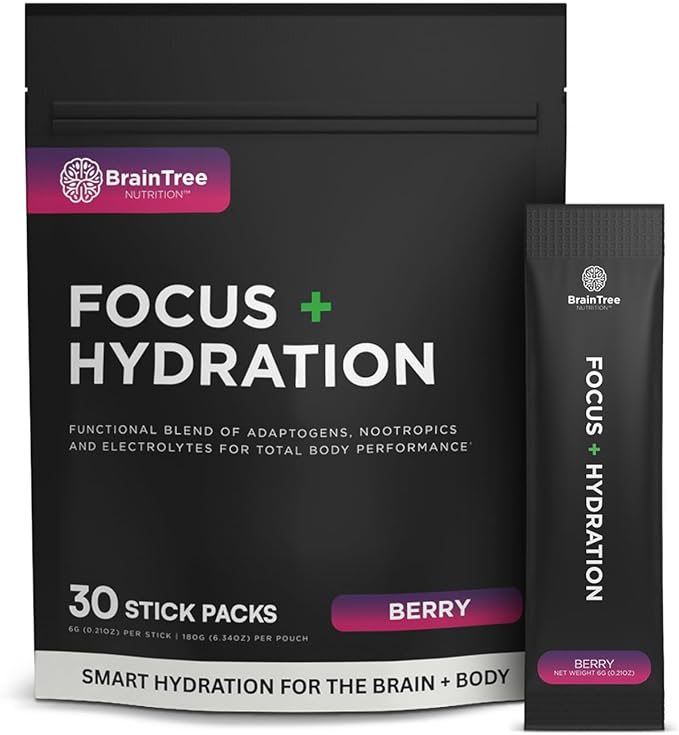 BrainTree Nutrition - Focus + Hydration - Electrolyte Drink Mix - Total Body Hydration - Supports Cognitive Function Energy &amp Muscle Recovery - Sugar Free - Berry - 30 Stick Packs