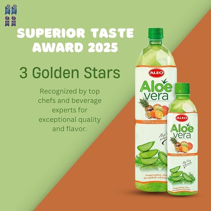 ALEO 0.5L Premium Tropical Fruits Aloe Vera Drink - Natural No Preservatives No Artificial Colors Superior Taste Award 2025