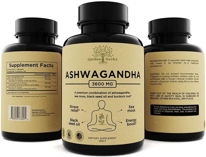 Organic Ashwagandha Root &amp Irish Sea Moss – 3600 mg Ashwagandha Supplement with Black Seed Oil &amp Burdock Root – Herbal Supplement for Energy Calm Mood &amp Wellness 120 Caps