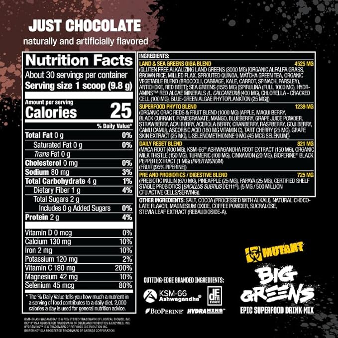 Mutant Big Greens | Green Supplement | Over 40 superfoods Land &amp Sea Greens – Reds Antioxidants phytonutrients 1000mg spirulina – Pre &amp Probiotic Blend | 30 Serving – Just Chocolate