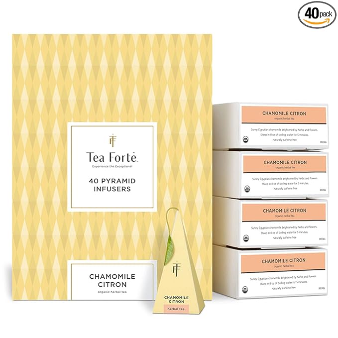 Tea Forte Chamomile Citron Premium Organic Caffeine-Free Herbal Tea Blend Event Box Bulk Pack 40 Count 10 per tray Individually Wrapped Handcrafted Pyramid Infusers