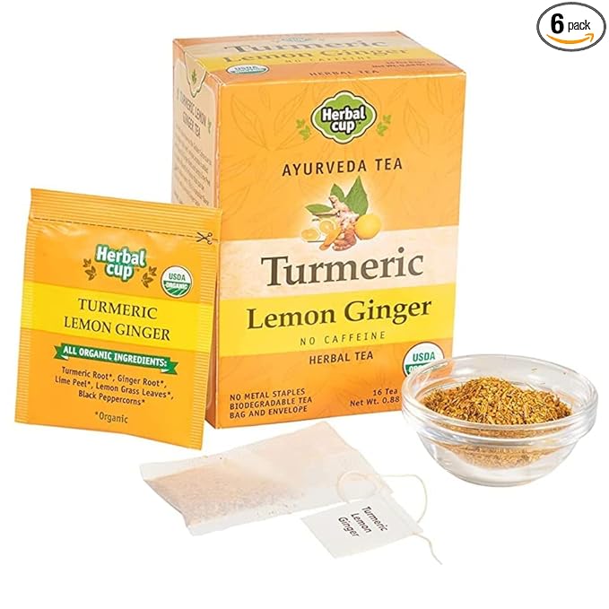 Herbal Cup Ayurveda Turmeric Tea Organic Lemon Ginger No Caffeine Herbal Teas (Organic Lemon Ginger 16 Count (Pack of 6))