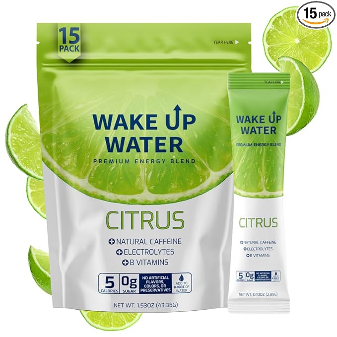 Wake Up Water Energy Drink Mix Sugar Free Clean Energy Powder with Electrolytes &amp B Vitamins Natural Caffeine for Focus &amp Hydration (15 Pack) - Citrus