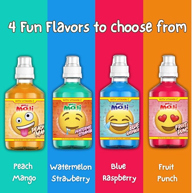 MOJI-MOJI Kids Vitamin Drink – with Vitamins A B &amp E Fun Emoji Bottles 4 Flavors Sports Cap Spill-Resistant 10.1 Fl Oz Pack of 24