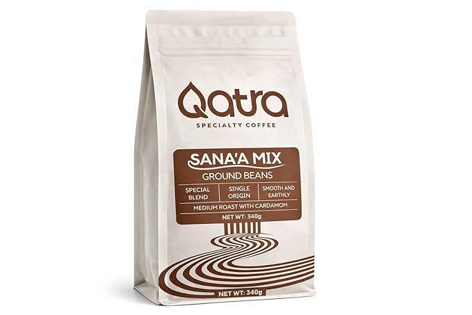 Qatra Sana’a Mix Medium Roast Ground Coffee 340g – Yemeni Single Origin Coffee with Cardamom Balanced Smooth Taste Traditional Yemeni Style Blend