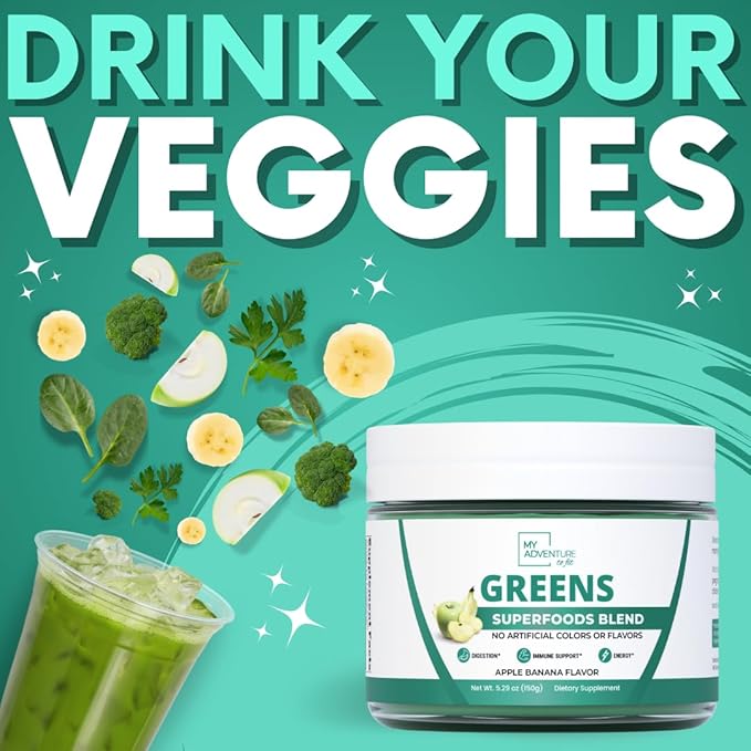 Green Superfood Powder for Digestion &amp Gut Health - Keto Friendly Superfood Greens Blend Powder for Immune Support - Powdered Greens Supplement for Immune Boost - Apple Banana Flavor