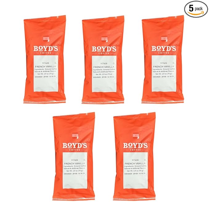 Boyd's French Vanilla Ground Coffee 5/2.5oz Pre-Portioned Packets - 12.5oz Total - Smooth and Subtle