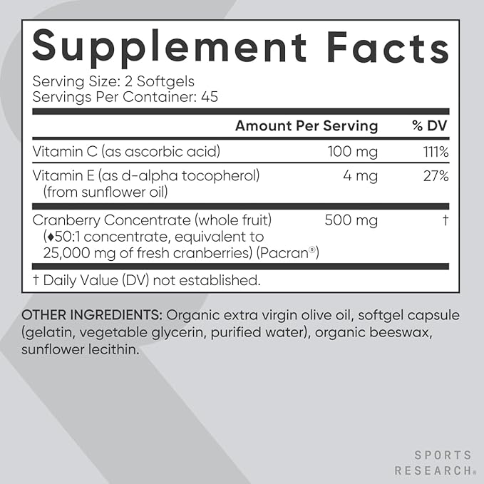 Sports Research Cranberry Fruit Complex Supplement - Softgels for Urinary Tract Health Support - Equal to 25000mg of Cranberries Made with Pacran &amp Vitamins C &amp E - Non-GMO &amp Gluten Free